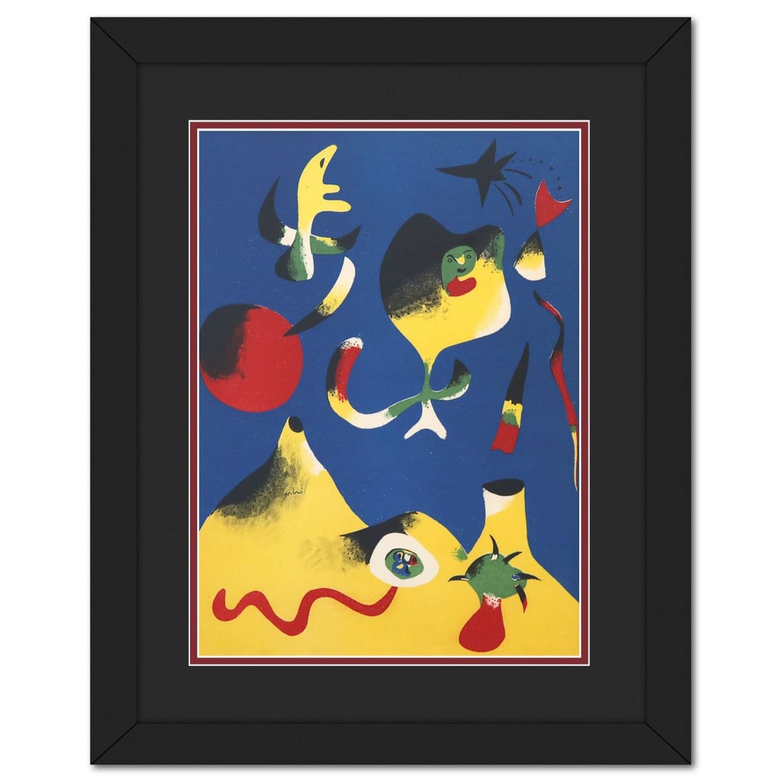 After Joan Miro- Stencil on Rivoli paper "L'air": Artist: After Joan Miro. Medium: Stencil on Rivoli paper. Title: L'air. Size: 14" x 10". Measures approx. 19.5" x 16" (framed). Certificate of Authenticity: Is included. Reference#: 64010.