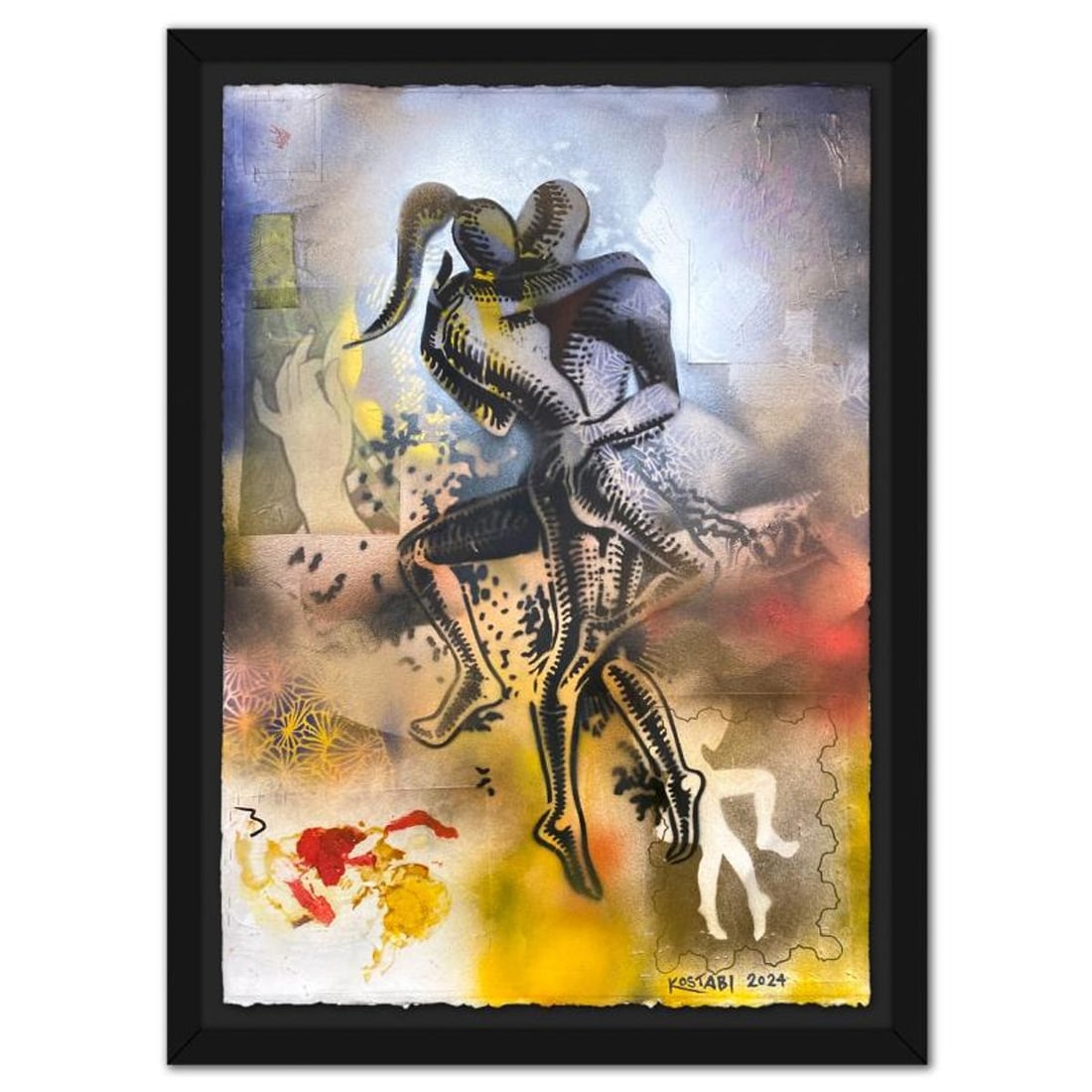 Mark Kostabi, "Our Golden Moment" Framed Original Mixed Media Painting, Hand Signed with Certificate (1 of 4)