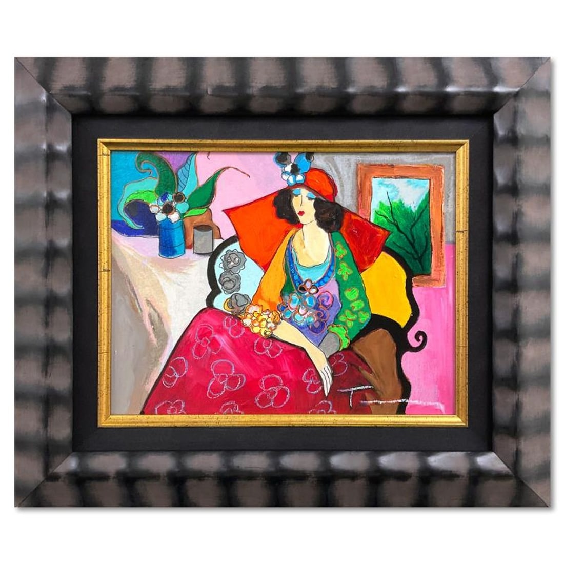 Itzchak Tarkay (1935-2012), "Red Hat" Framed One-of-a-Kind Mixed Media Over Paint on Wood, Hand (1 of 2)