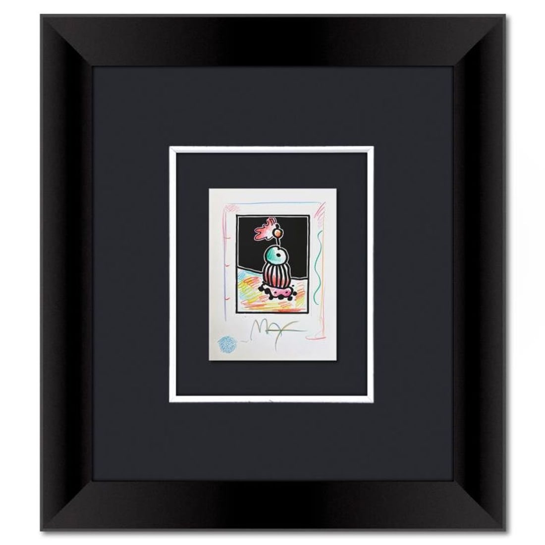Peter Max, Framed One-of-a-Kind Mixed Media, Hand Signed with Registration Number Certifying: This is a one-of-a-kind mixed media on paper, hand signed by Peter Max. The piece comes custom framed with a backside cutout to display Peter Max Studio registration number 340429 certifying authentic