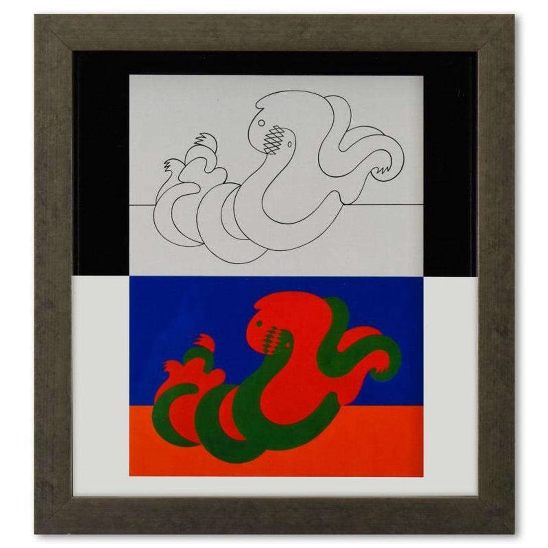 Victor Vasarely (1908-1997), "Catch - III (A, B) de la serie Graphismes 3" Framed 1977 Heliogravure: Catch - III (A, B) de la serie Graphismes 3 is a heliogravure print on paper, published in 1977, by Victor Vasarely (1908-1997). This piece comes custom framed, with a letter of authenticity and with 