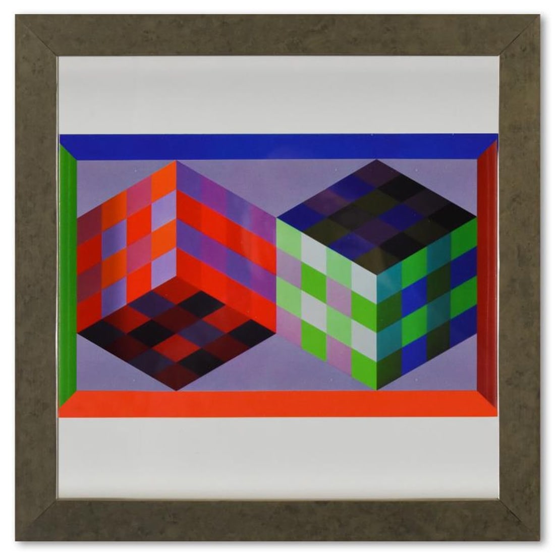 Victor Vasarely (1908-1997), "Tridim - J de la serie Hommage A L'Hexagone" Framed 1971 Heliogravure: Tridim - J de la serie Hommage A L'Hexagone is a heliogravure print on paper, published in 1971, by Victor Vasarely (1908-1997). This piece comes custom framed, with a letter of authenticity and with 