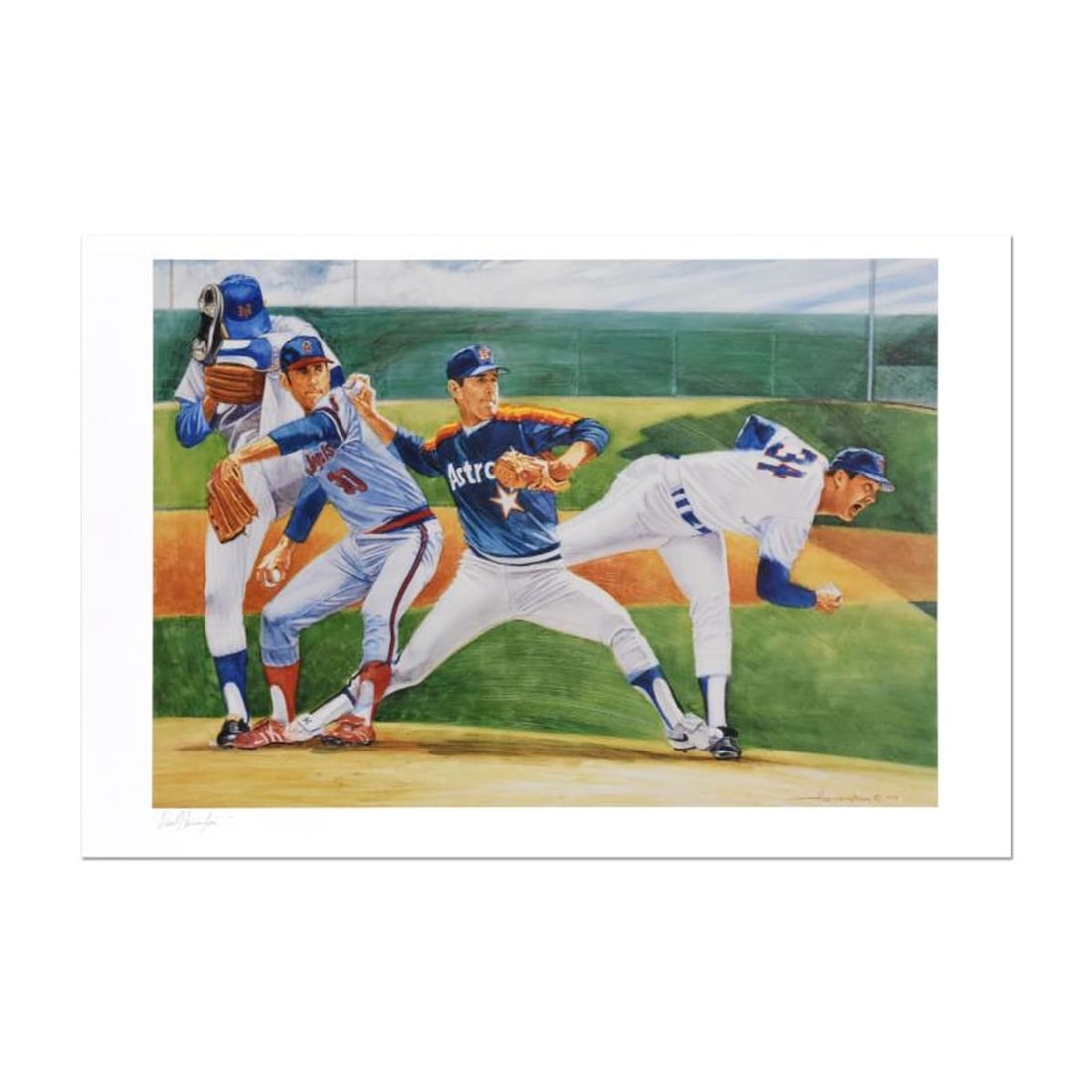 David Harrington, "Nolan Ryan" Limited Edition Lithograph, Numbered and Hand Signed with Letter of: Nolan Ryan is a limited edition lithograph on paper by David Harrington, numbered and hand signed by the artist. Includes Letter of Authenticity. Measures approx. 37" x 24.5" (border), 31" x 21"