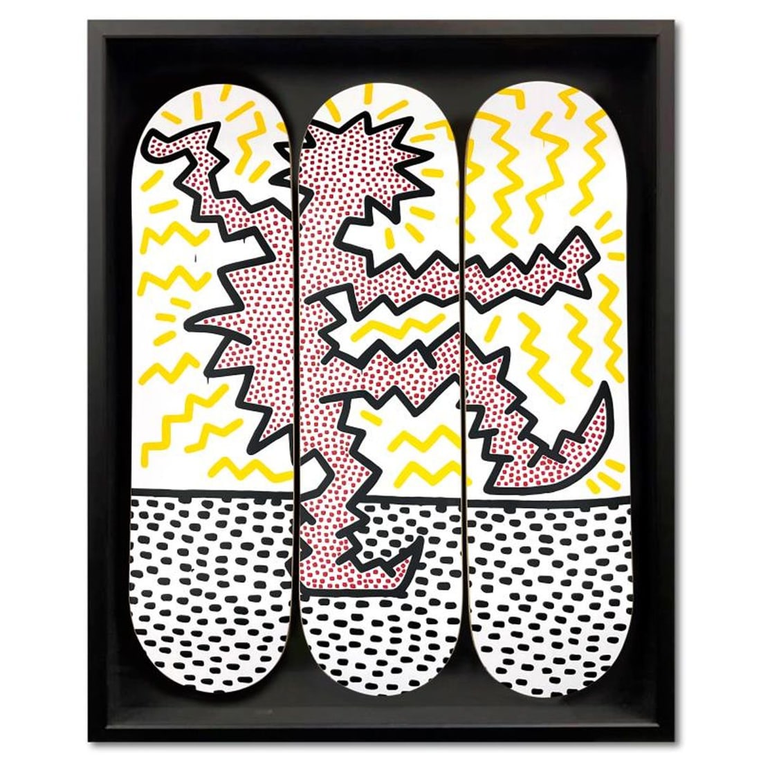 Keith Haring (1958-1990), "Electric" Framed Skateboard Triptych, Plate Signed with Letter of: Electric is a skateboard triptych by Keith Haring (1958-1990), bearing the plate signature of the artist inverso. This triptych comes custom framed. Includes Letter of Authenticity. Measures approx. 3