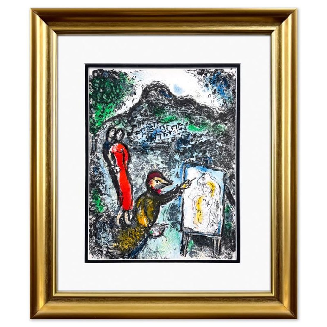 Marc Chagall (1887-1985), "Devant Saint-Jeannet (Couple et artiste devant Saint Jeannet)" Framed: Devant Saint-Jeannet (Couple et artiste devant Saint Jeannet) is a lithograph on paper by Marc Chagall (1887-1985). This piece comes custom framed. Includes Letter of Authenticity. Measures approx. 19