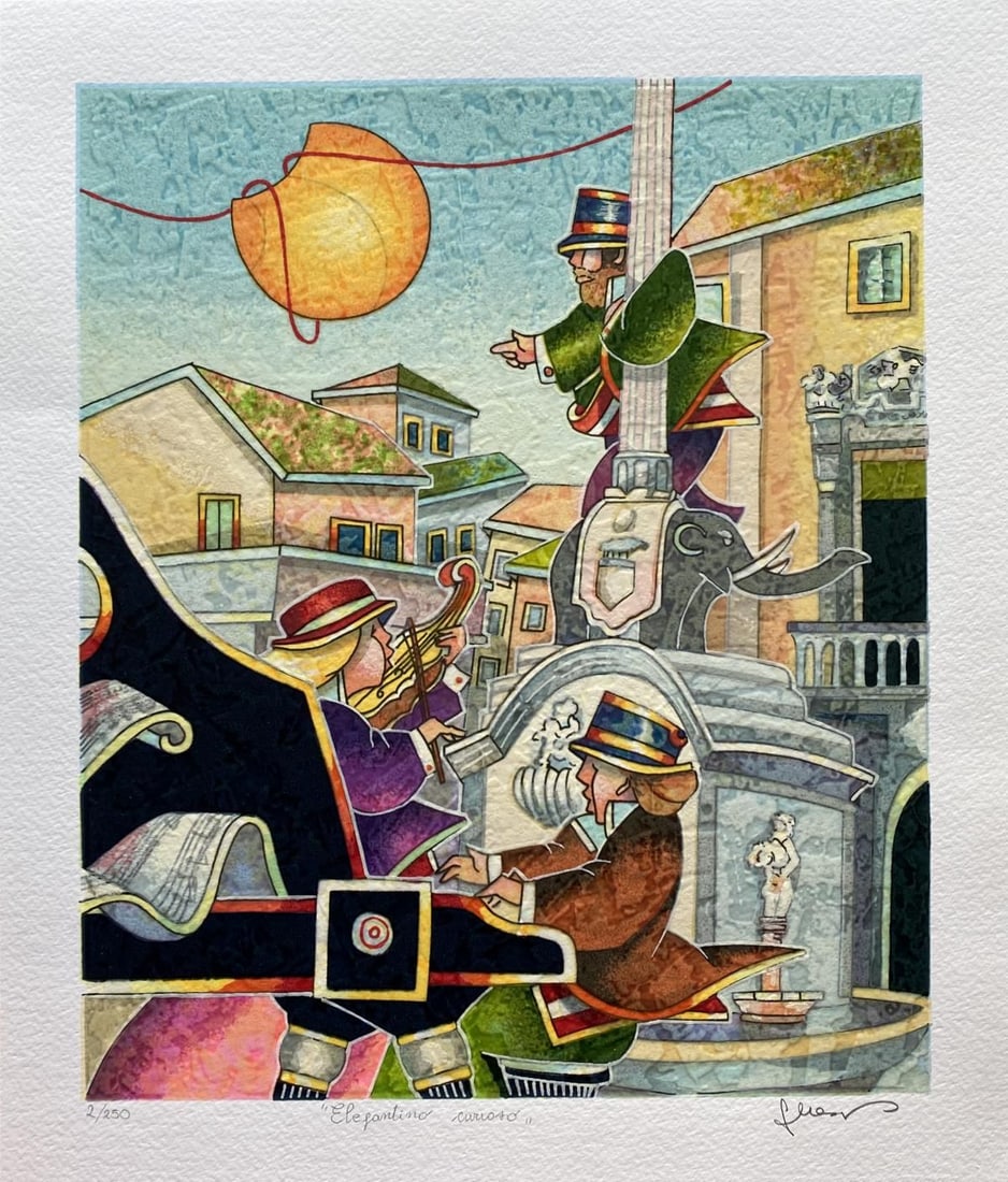 Francesco Nesi- Original Serigraph on Paper "ELEFANTINO CURIOSO": Artist: Francesco Nesi. Medium: Original Serigraph on Paper. Title: ELEFANTINO CURIOSO. Size: 14" x 12". Signature: Hand Signed and Numbered by the Artist. Certificate of Authenticity: Is Included. Re