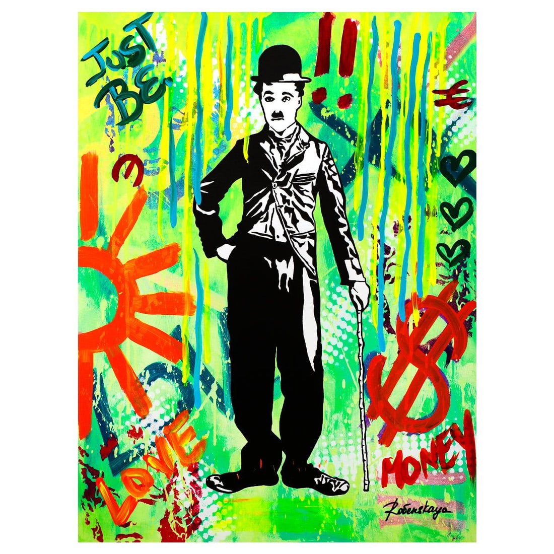 Nastya Rovenskaya- Mixed Media "Chaplin in Green": Artist: Nastya Rovenskaya. Medium: Mixed Media. Title: Chaplin in Green. Size: 40" x 30". Signature: Hand signed. Certificate of Authenticity: Is included. Reference#: 58225.