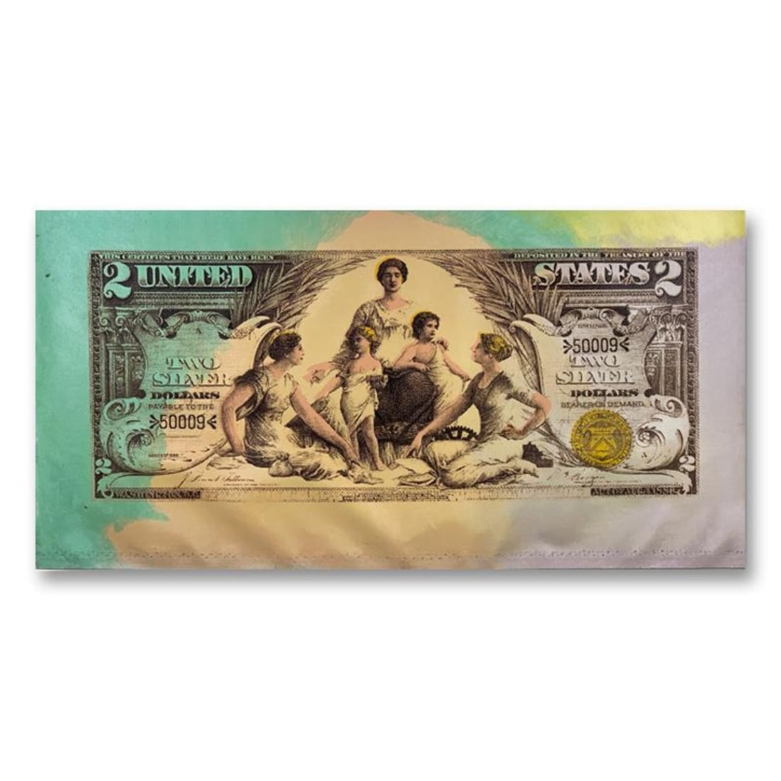 Steve Kaufman (1960-2010), "1896 Silver Certificate ($2)" Hand Signed and Numbered Limited Edition: 1896 $2.00 Silver Certificate Bill is a limited edition hand pulled silkscreen mixed media on canvas by Andy Warhol protege Steve Kaufman (1960-2010). This piece is numbered and AP 19/50 and hand sign