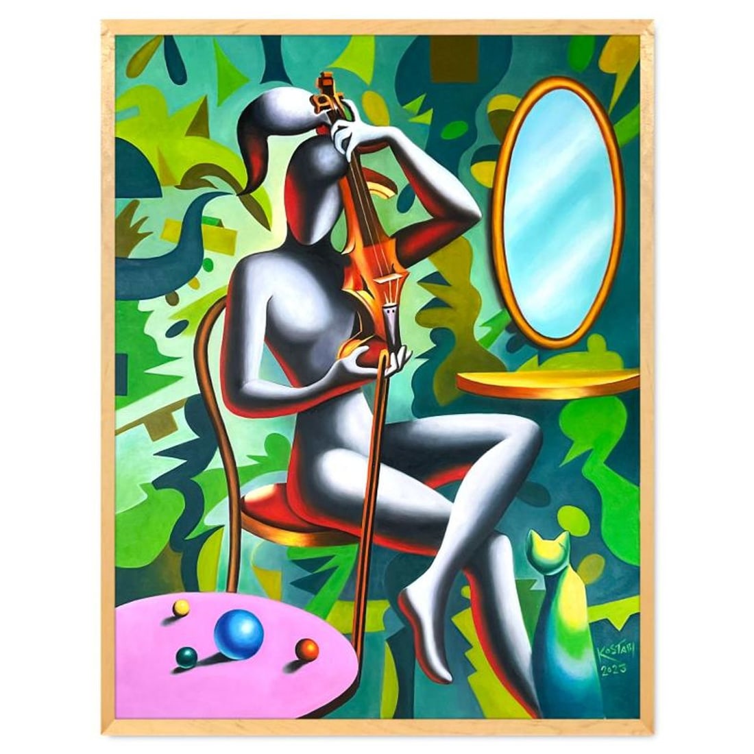 Mark Kostabi, "Cremonamania" Framed Original Painting on Canvas (42" x 54"), Hand Signed with: Cremonamania is an original painting on canvas by Mark Kostabi, hand signed by the artist. This piece comes custom framed. Includes Certificate of Authenticity. Measures approx. 42" x 54" (frame), 40"