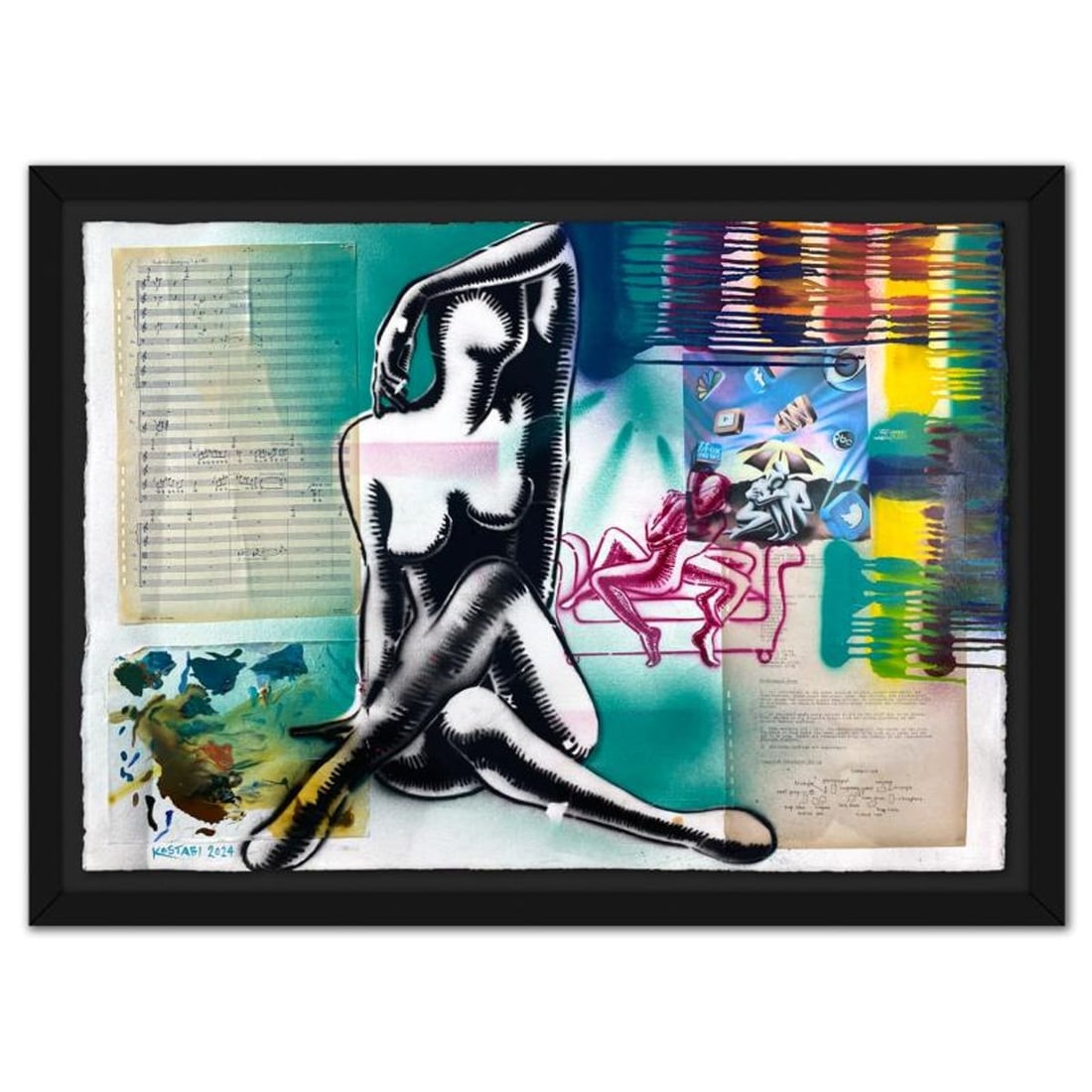 Mark Kostabi, "Ecstatic Meditations" Framed Original Mixed Media Painting, Hand Signed with: Ecstatic Meditations is an original mixed media painting on paper by Mark Kostabi, hand signed by the artist. The piece comes framed. Includes Certificate of Authenticity. Measures approx. 35.5" x 48"
