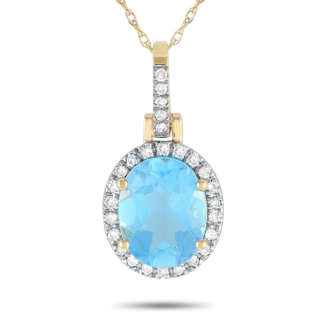 14K YELLOW GOLD 0.13CT DIAMOND AND BLUE TOPAZ OVAL PENDANT: Perfect as a final touch to your cocktail or party outfit. This yellow gold necklace exudes an air of sophistication with its oval blue topaz pendant haloed by petite round diamonds. The bail is also 