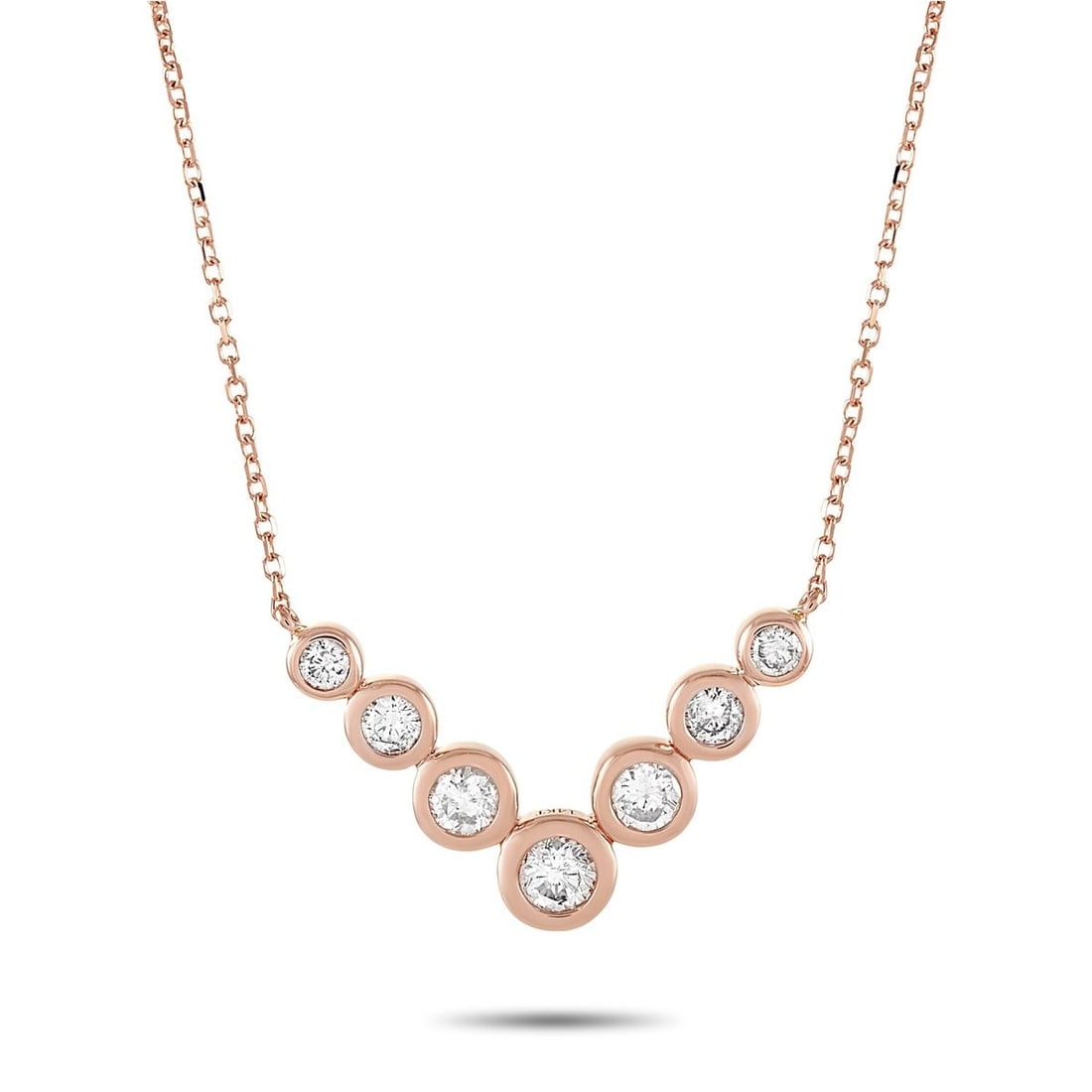 14K ROSE GOLD 0.50 CT DIAMOND PENDANT NECKLACE: This necklace is made of 14K rose gold and embellished with diamonds that amount to 0.50 carats. The necklace weighs 2.4 grams and boasts a 15 chain and a pendant that measures 0.50 in length and 0.75