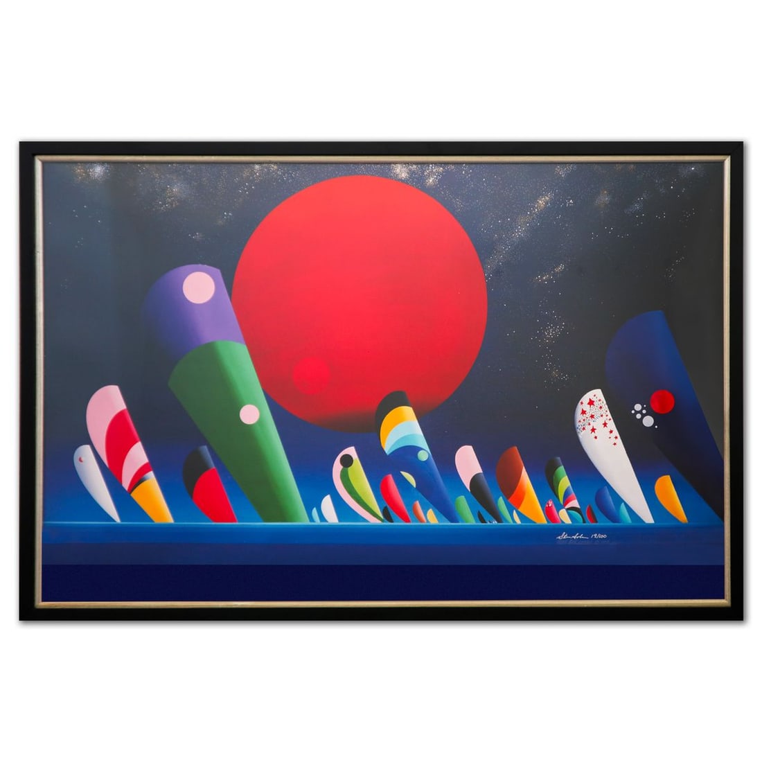 Stan Solomon- Serigraph "Sunday Sail": Artist: Stan Solomon. Medium: Serigraph. Title: Sunday Sail. Size: 23" x 37". Measures approx. 26" x 39" (framed). Signature: Hand Signed and numbered. Certificate of Authenticity: Is included. Additi
