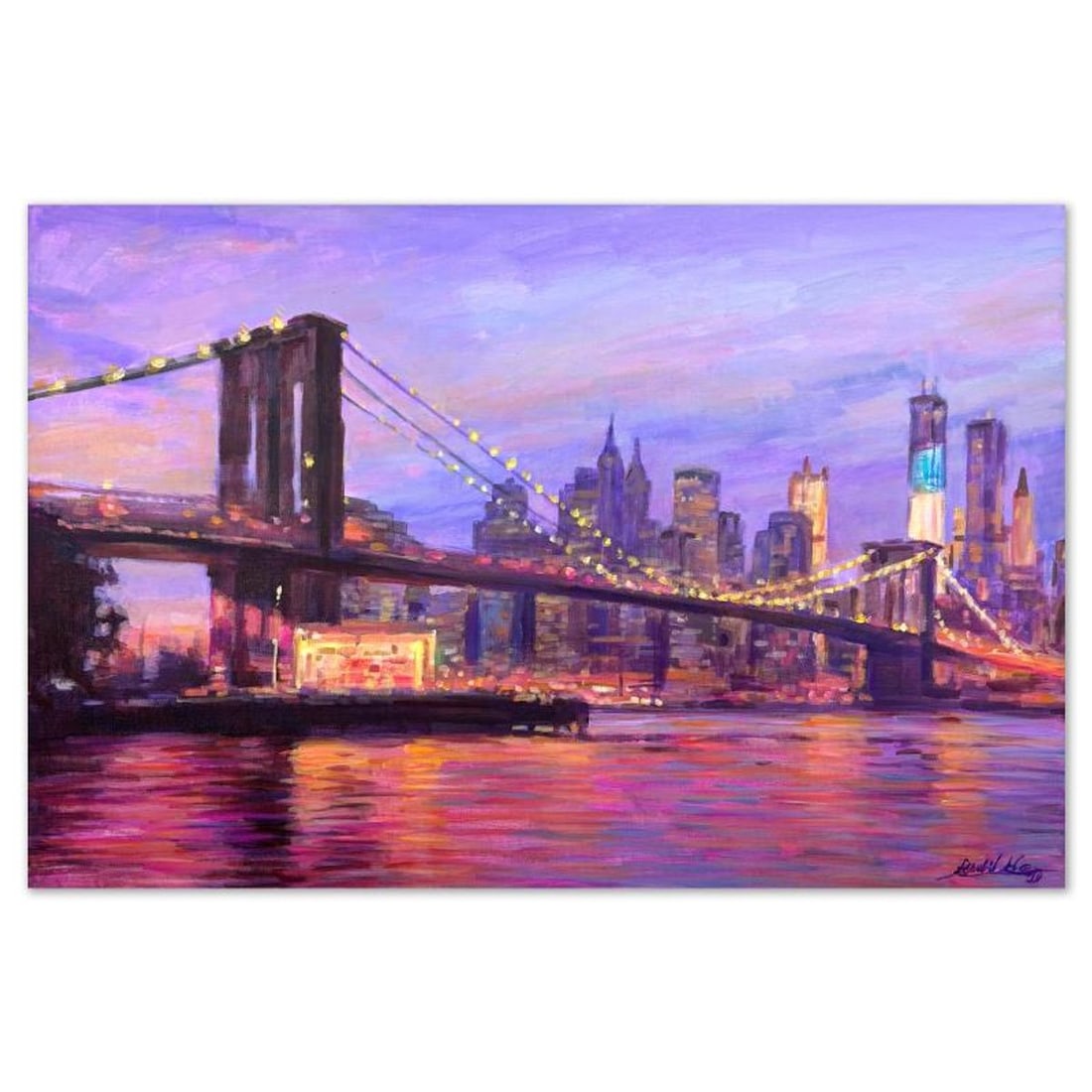 Richard Ho, "The Brooklyn Side" Original Acrylic Painting on Canvas, Hand Signed with Letter of: The Brooklyn Side is an original acrylic painting on stretched canvas by Richard Ho, hand signed by the artist. Includes Letter of Authenticity. Measures approx. 24" x 36" (image).