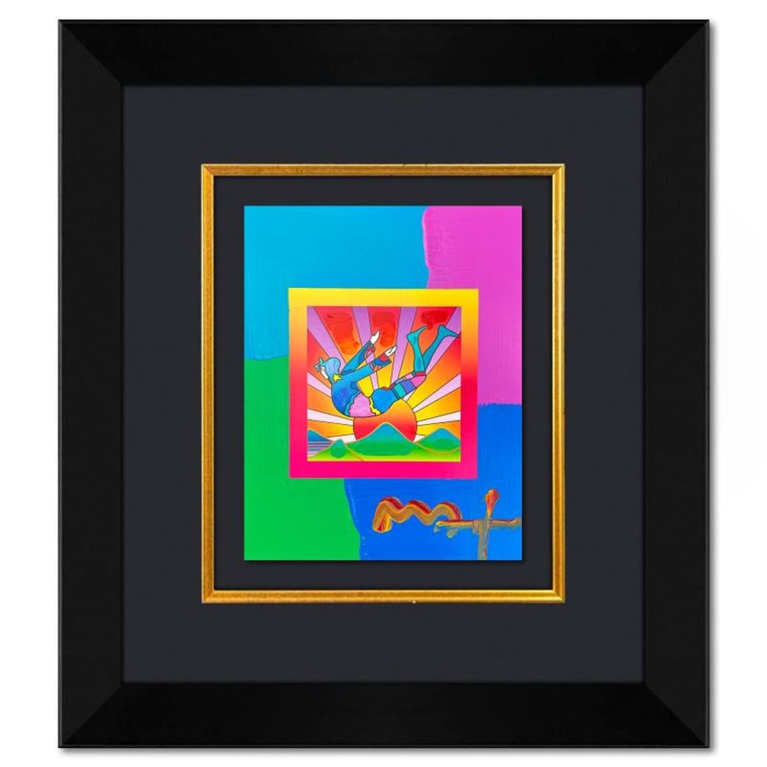 Peter Max, "Cosmic Flyer" Framed One-of-a-Kind Acrylic Mixed Media, Hand Signed with Registration: Cosmic Flyer is a hand signed one-of-a-kind acrylic mixed media on paper by Peter Max. The piece comes custom framed with a backside cutout to display Peter Max Studio registration number 307716 certi
