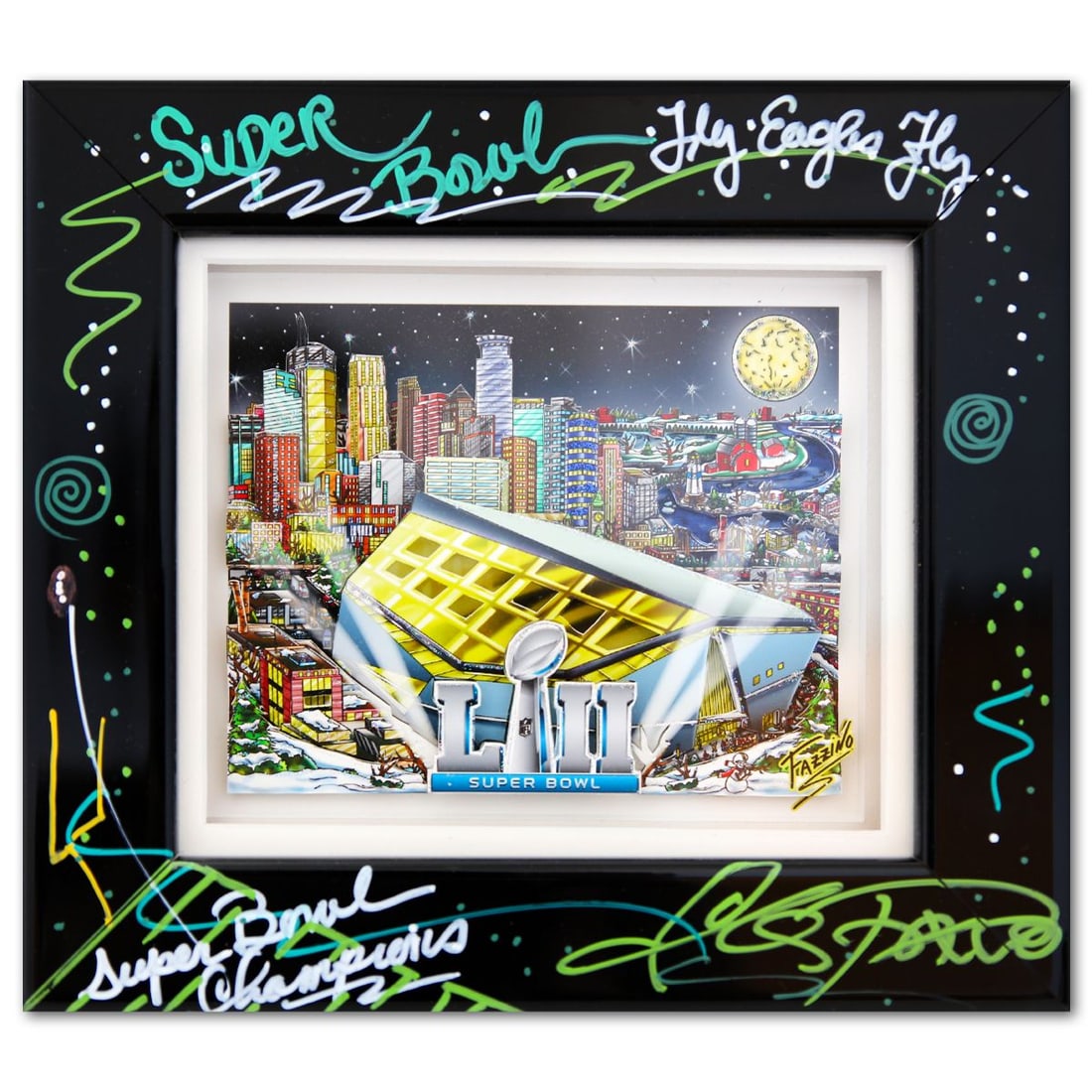 Charles Fazzino- 3D Construction Silkscreen Serigraph "Super Bowl Champions": Artist: Charles Fazzino. Medium: 3D Construction Silkscreen Serigraph. Title: Super Bowl Champions. Size: 5" x 6". Measures approx. 7.5" x 8.5" (framed). Signature: Hand Signed and numbered. Certifica