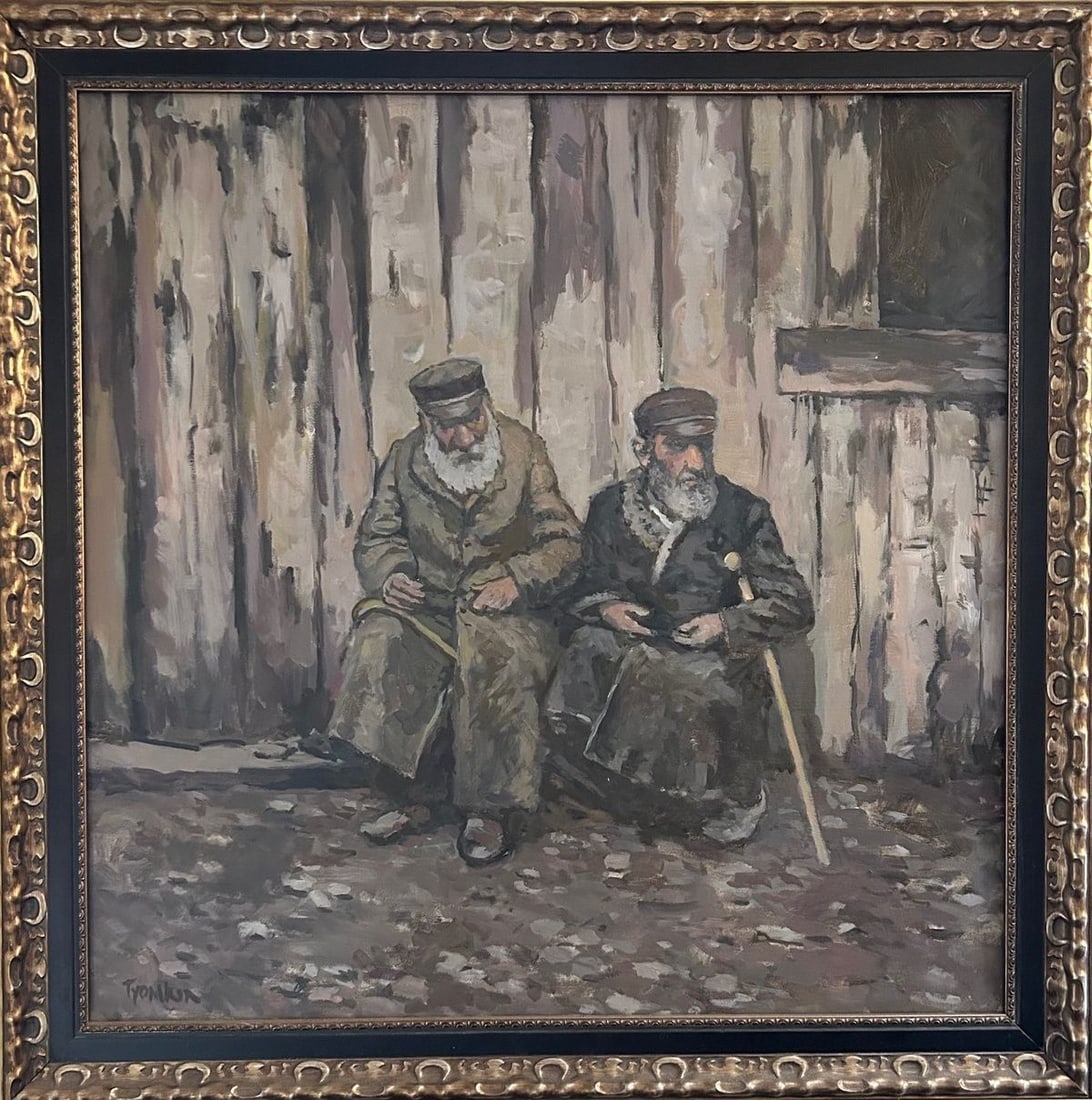 Toymkin- Oil on canvas "Two Poor Jews": Artist: Toymkin. Medium: Oil on canvas. Title: Two Poor Jews. Size: 29" x 29". Reference#: 33417.