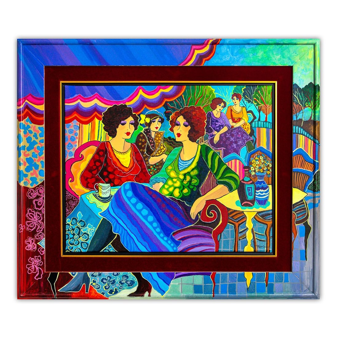 Patricia Govezensky- Original Acrylic with Hand Painted Frame "Emerald Waltz of the Evening": Artist: Patricia Govezensky. Medium: Original Acrylic with Hand Painted Frame. Title: Emerald Waltz of the Evening. Size: 16" x 20". Measures approx. 25" x 29" (framed). Signature: Hand Signed by the 