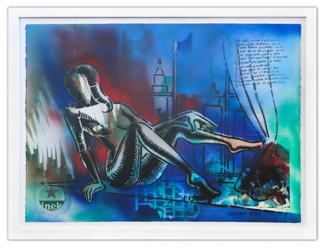 Mark Kostabi- Original Mixed Media on Paper "Dreaming of Happy Hour, 2022": Artist: Mark Kostabi. Medium: Original Mixed Media on Paper. Title: Dreaming of Happy Hour, 2022. Size: 30" x 40". Measures approx. 35" x 47" (framed). Signature: Hand Signed by the artist. Certificat