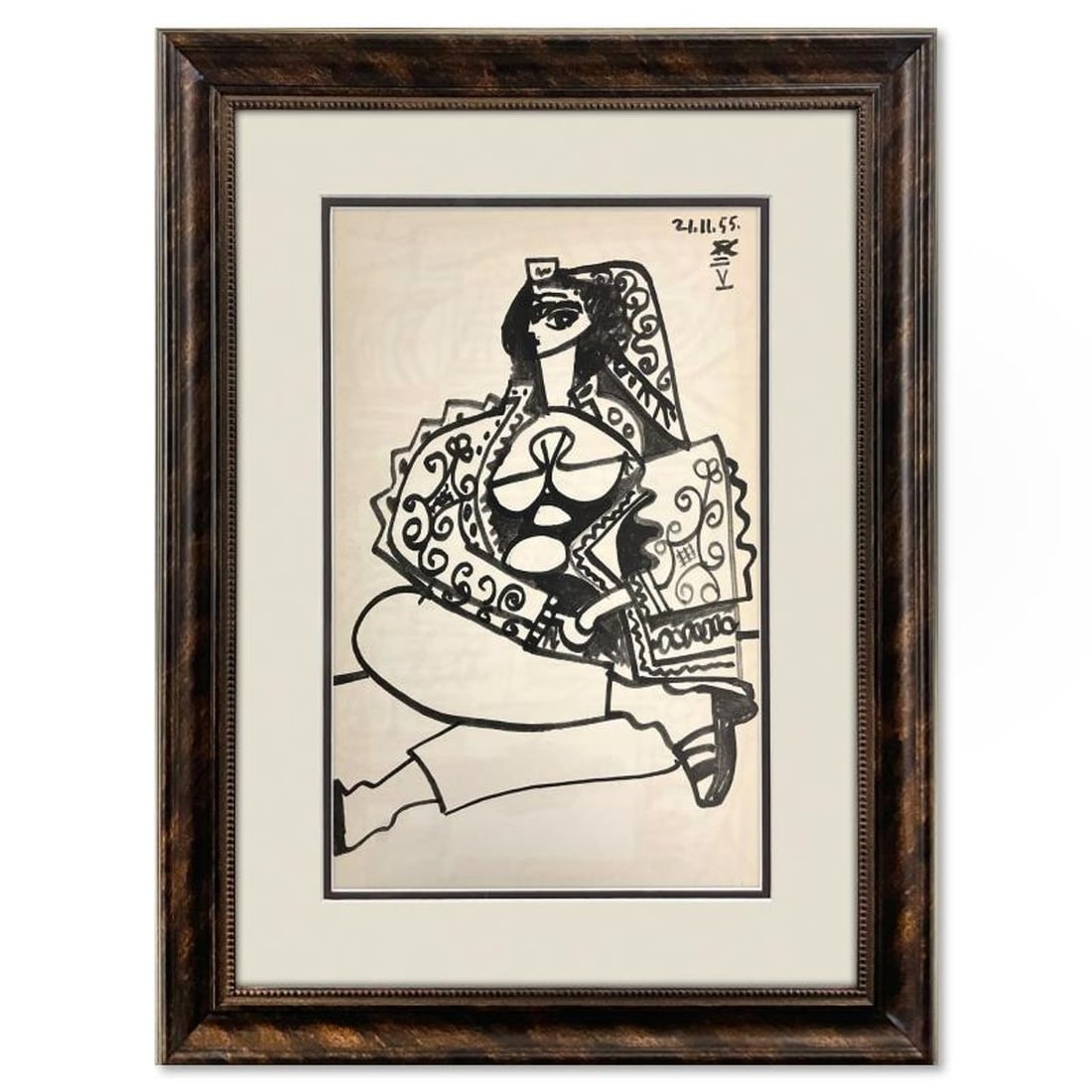 Pablo Picasso (1881-1973), "Carnet de Californie 21.11.55-V" Framed Vintage Lithograph on Paper with: Carnet de Californie 21.11.55-V is a vintage lithograph on paper by Pablo Picasso (1881-1973). This piece is from Picasso's Carnet de Californie Series and was printed in Paris, France by Mourlot Stud