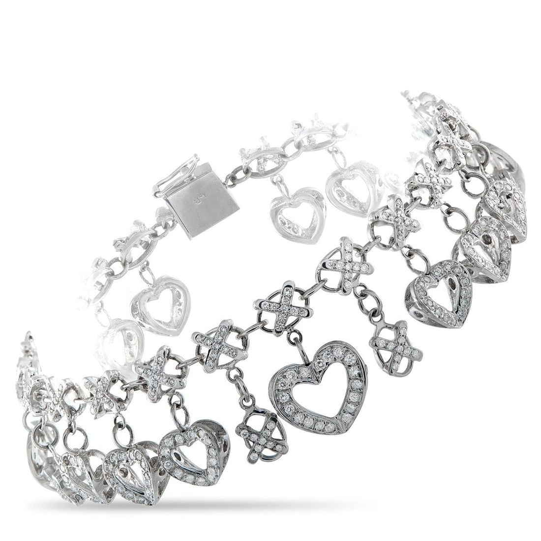 18K WHITE GOLD 2.5CT DIAMOND CHARM BRACELET: A white gold bracelet reimagining the classic Hugs and Kisses sentiment through a brilliant and playful design. It features X links traced in diamonds, forming a 7.25-inch chain. Suspended beneath