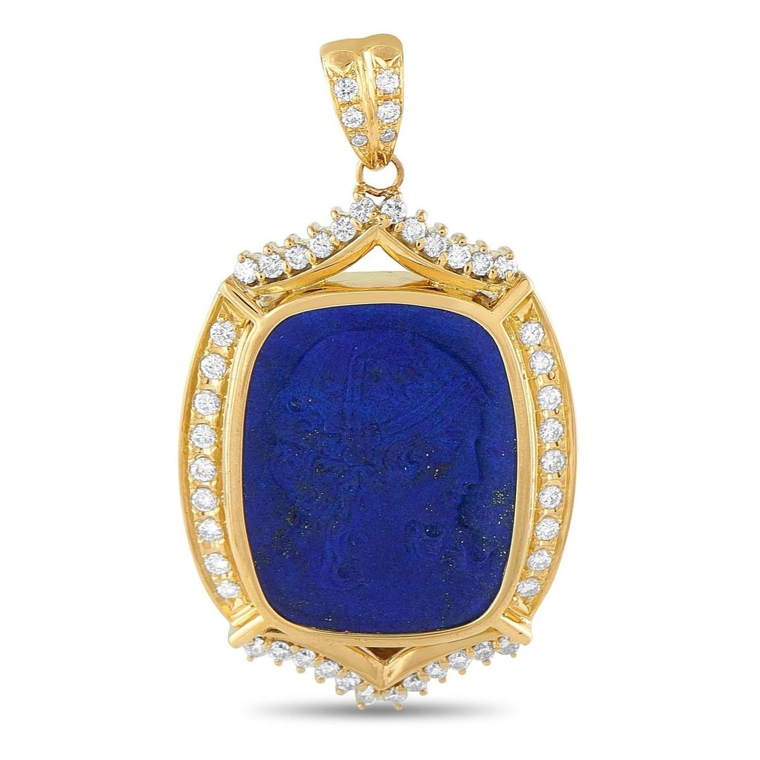 18K YELLOW GOLD 0.80CT DIAMOND AND LAPIS PENDANT: A bold, breathtaking design sets this pendant apart in the best way possible. At the center, a 24.59 carat Lapis stone makes this opulent piece incredibly eye-catching. Diamond accents totaling 0.80 c