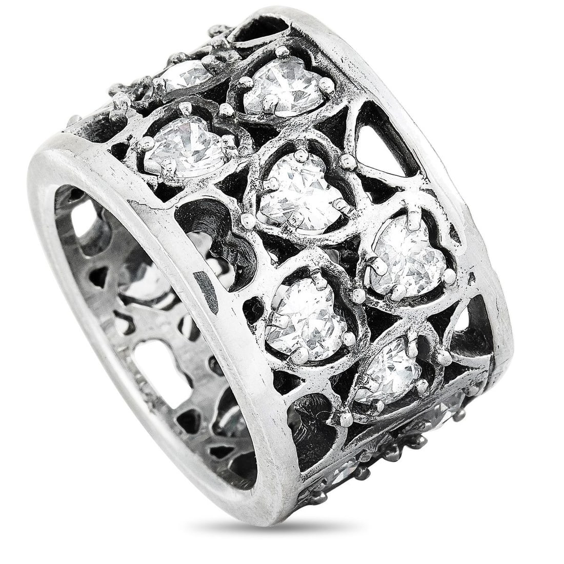 KING BABY SILVER AND CUBIC ZIRCONIA HEART PATTERN RING: This King Baby ring is crafted from silver and embellished with heart-shaped cubic zirconia stones. The ring weighs 14.4 grams and boasts band thickness of 14 mm.Offered in brand new condition, this j