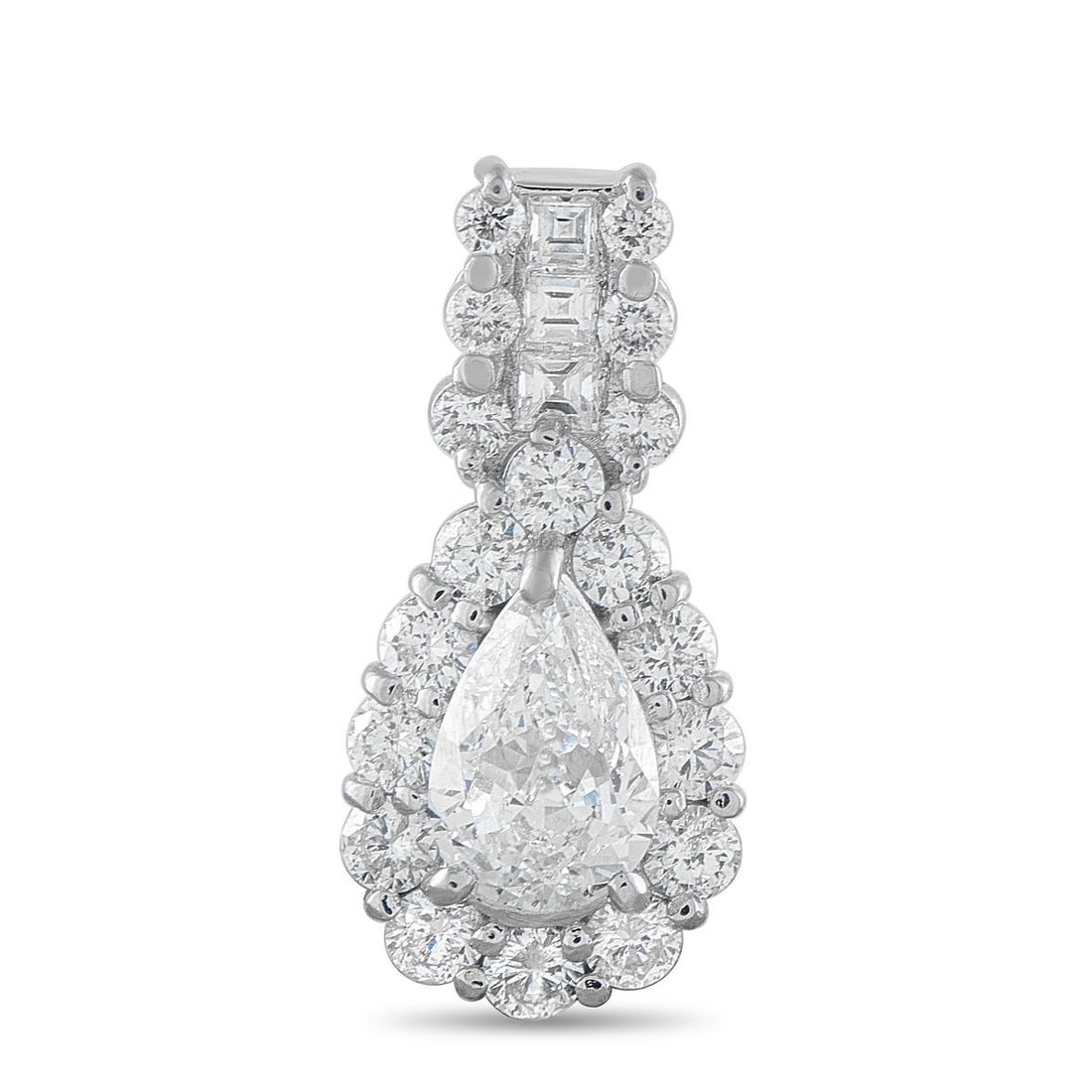 PLATINUM 1.98CT DIAMOND PENDANT: This dazzling pendant will continually catch the light every time its worn. Set in Platinum, a 1.0 carat pear-shaped Diamond center stone is surrounded by additional Diamond accents totaling 0.98