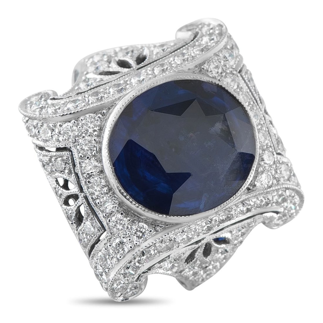 18K WHITE GOLD 1.50CT DIAMOND AND SAPPHIRE RING: This luxury ring is filled with dynamic details. The intricate setting showcases inset Diamonds totaling 1.50 carats, which shine brightly from all angles. Ceylon Heated Sapphires with a total weight 