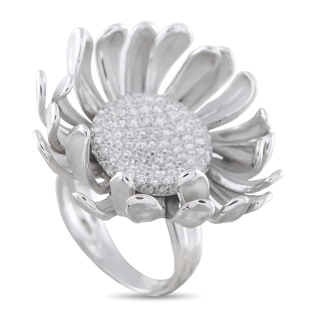 ANNAMARIA CAMMILLI 18K WHITE GOLD 0.90CT DIAMOND FLOWER RING: Curved petals give this Annamaria Cammilli flower ring a three dimensional quality. Bold and incredibly chic, this artistic piece is elevated by sparkling inset Diamonds totaling 0.90 carats at the ce