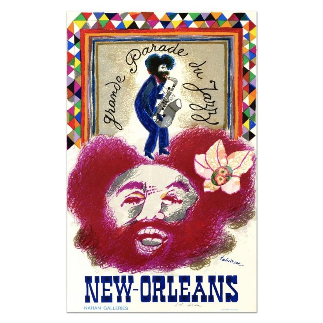 Theo Tobiasse (1927-2012), "Grande Parade Du Jazz" This is a Lithographic Poster, Hand Signed with: Grande Parade Du Jazz is a lithographic poster with collage on paper by Theo Tobiasse (1927-2012), hand signed by the artist. Includes Certificate of Authenticity! Measures approx. 22.5" x 36" (image)