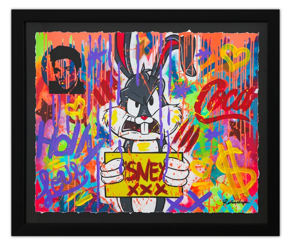 Nastya Rovenskaya- Original Mixed Media on Paper "Angry Rabbit": Artist: Nastya Rovenskaya. Medium: Original Mixed Media on Paper. Title: Angry Rabbit. Size: 23" x 29". Measures approx. 29" x 35" (framed). Signature: Hand Signed by the artist. Certificate of Authen