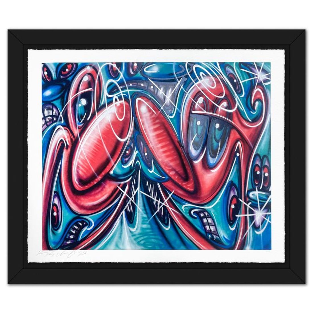 Kenny Scharf, "Newazy" Framed Limited Edition Silkscreen, Numbered and Hand Signed with Letter of: Newazy is a limited edition silkscreen on deckled edge paper by Kenny Scharf, numbered and hand signed by the artist. This piece comes custom framed. Includes Letter of Authenticity. Measures approx. 