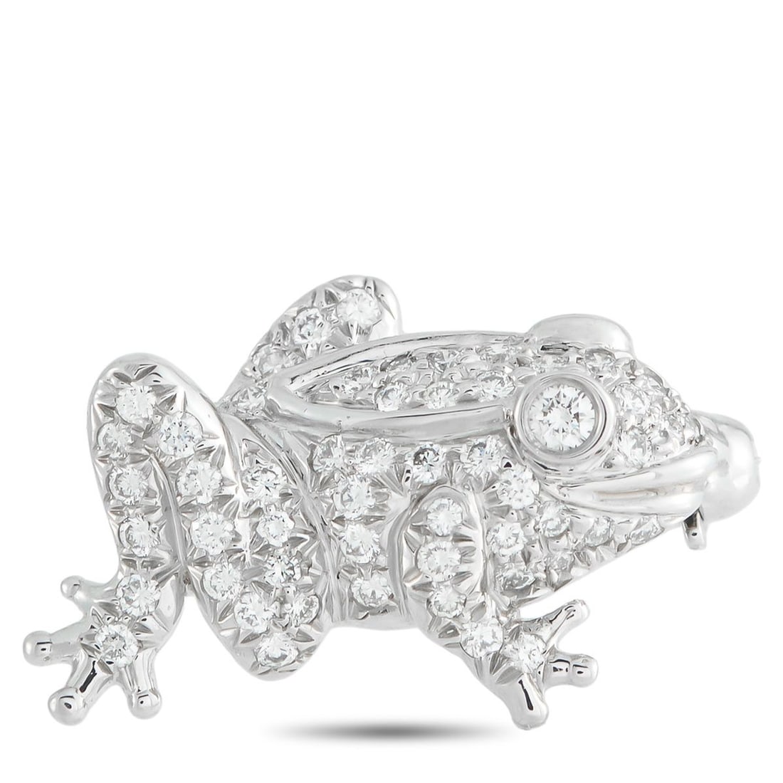 TIFFANY & CO. 18K WHITE GOLD DIAMOND FROG BROOCH: Add a touch of charm and luxury to any ensemble with this Tiffany & Co. frog brooch. Set in 18K White Gold, the detailed design comes to life thanks to sparkling inset Diamonds. It measures 0.50 long 
