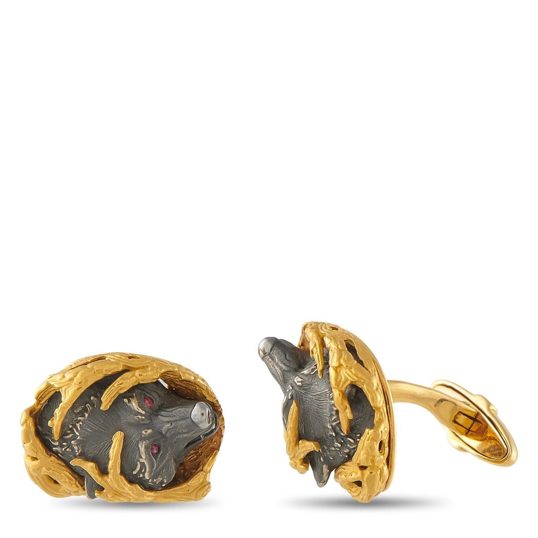 MAGERIT 18K YELLOW GOLD WOLF CUFFLINKS: These Magerit cufflinks draw inspiration from the natural world. The detailed 18K Yellow Gold metalwork perfectly showcases the animal motif at the center of the design. Each one measures 0.63 long by
