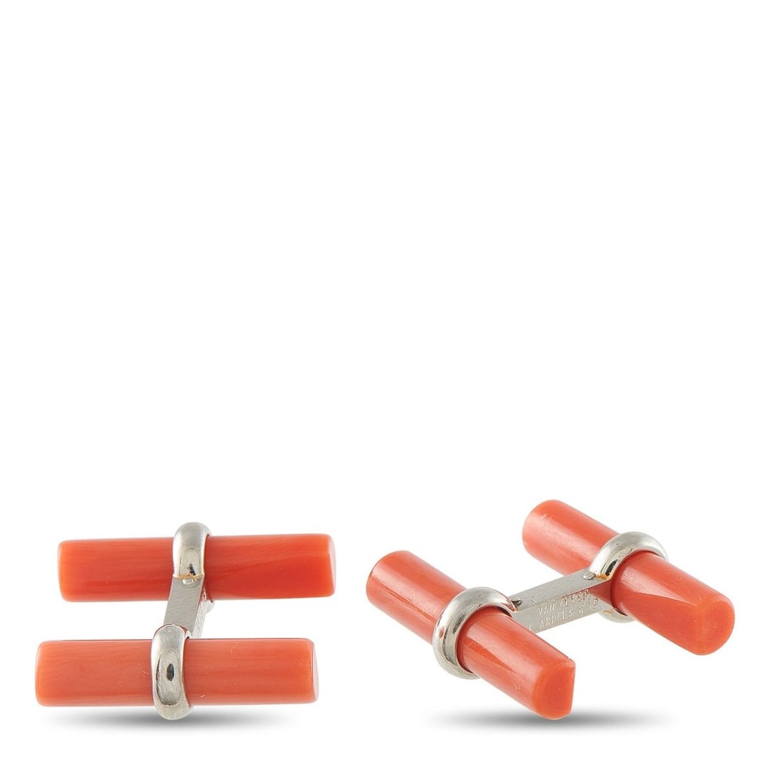 VAN CLEEF & ARPELS 18K WHITE GOLD CORAL CUFFLINKS: Add a statement-making pop of color to any suit with these Van Cleef & Arpels cufflinks. Coral bars are perfectly juxtaposed with the 18K White Gold settings. Each one measures 0.25 long by 0.82 wide.