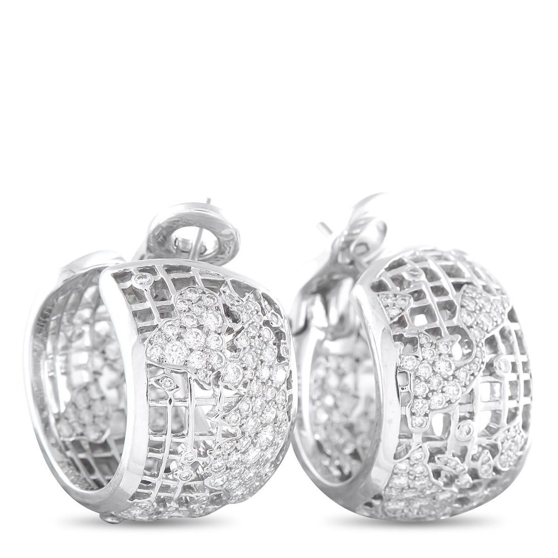 CHANEL 18K WHITE GOLD 2.0CT DIAMOND EARRINGS: These Chanel earrings will continually impress. The rounded 18K White Gold settings include a delicate lattice pattern, organic motifs, and sparkling Diamonds totaling 2.0 carats. Each earring measure
