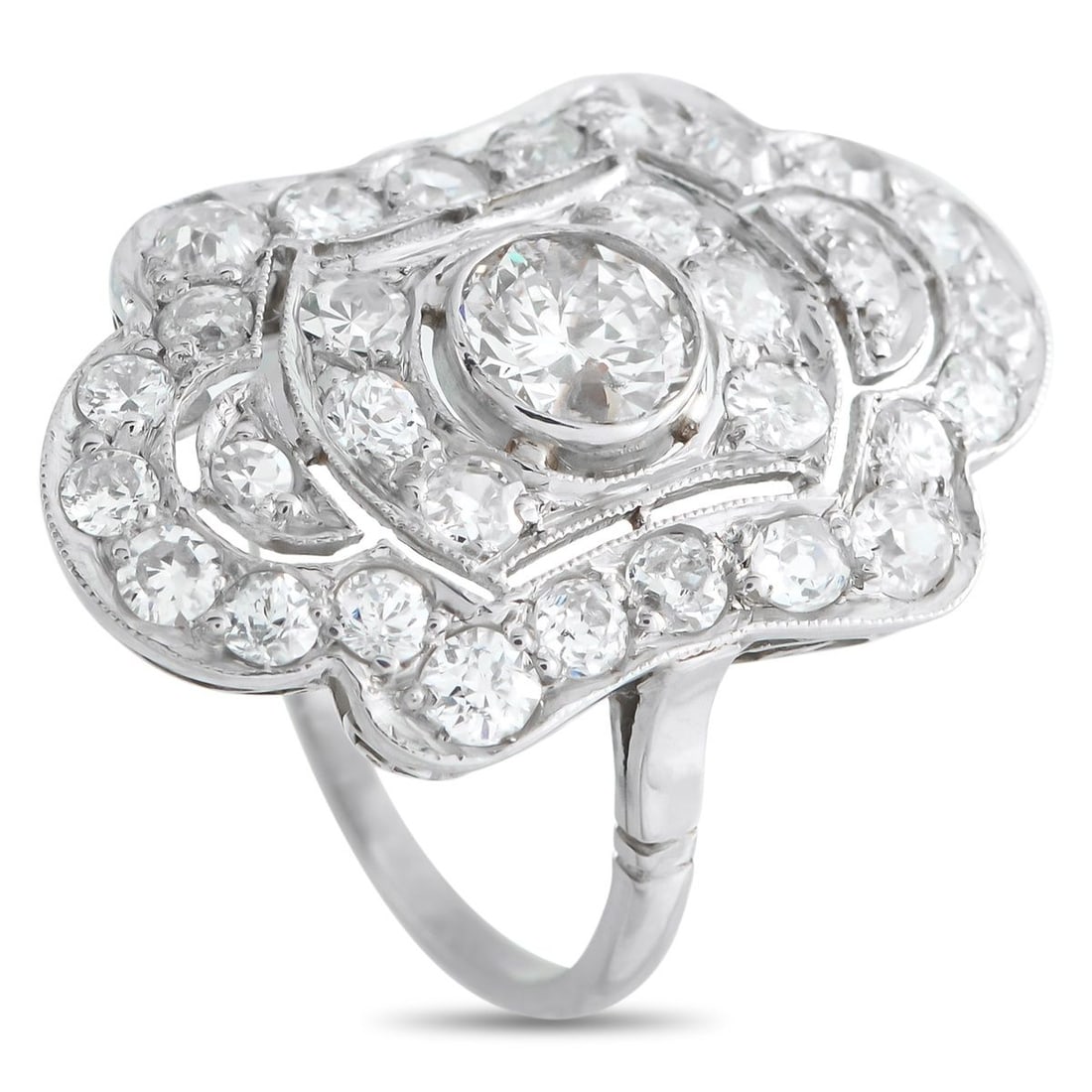 PLATINUM 2.30CT DIAMOND RING: This luxury ring exudes Art Deco elegance. Crafted from Platinum, the dynamic design is elevated by a 0.80 carat Diamond center stone and additional Diamonds totaling 1.50 carats. It features a 2mm wi