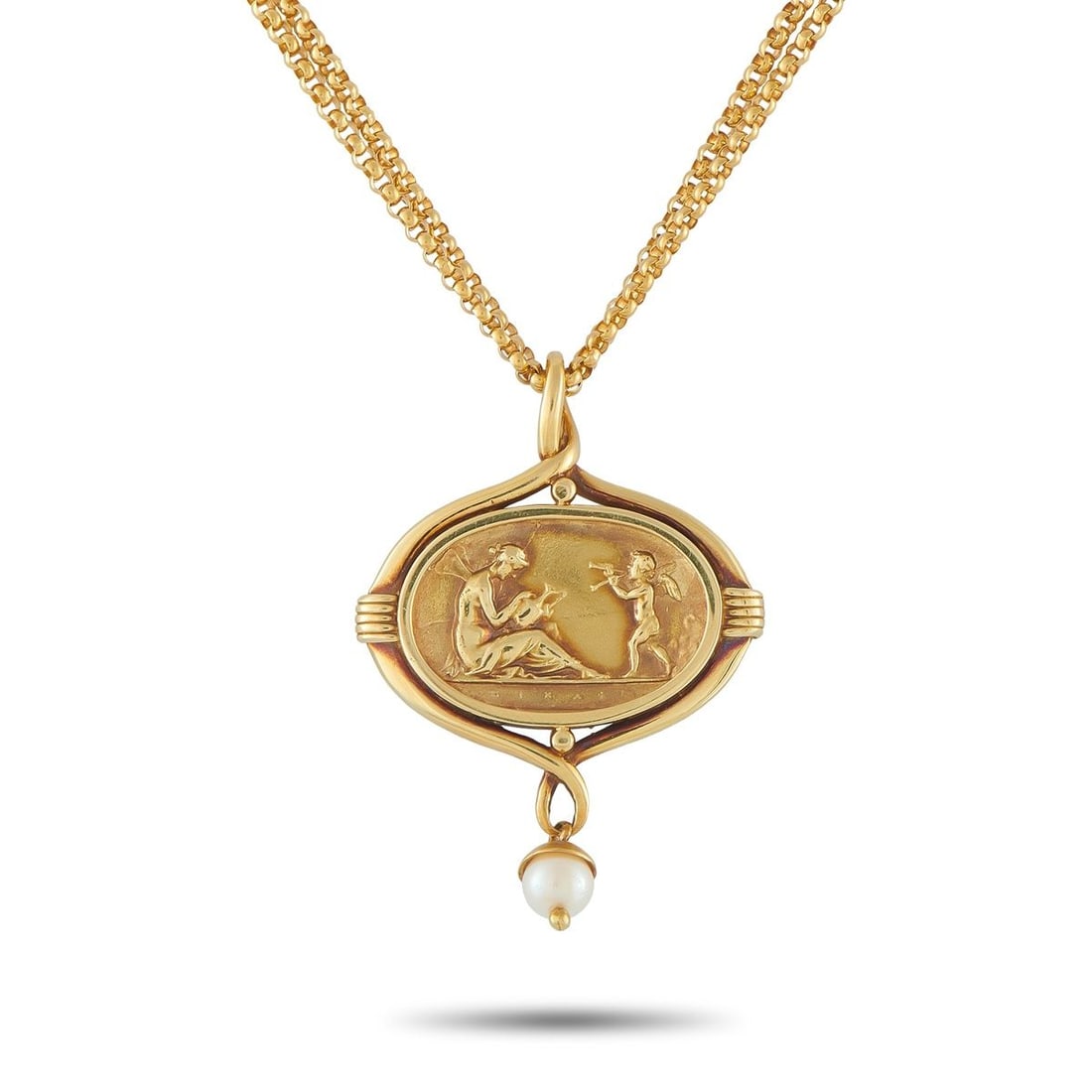 SEIDENGANG 18K YELLOW GOLD PENDANT NECKLACE: This Seiden Gang necklace draws inspiration from classical forms. Artistic design elements add a touch of vintage elegance to this pieces striking 18K Yellow Gold pendant, while a pearlescent accent d