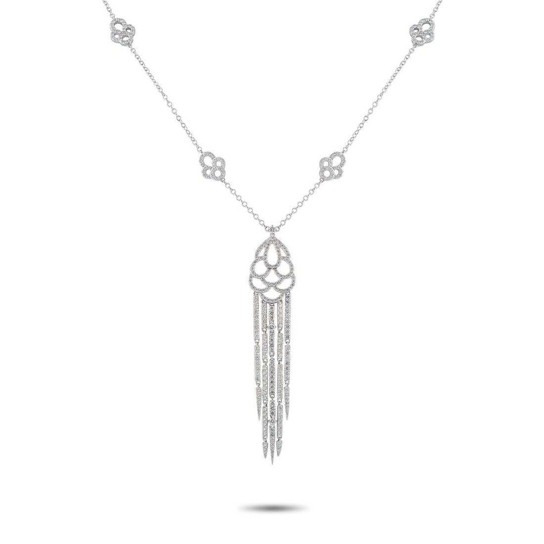 18K WHITE GOLD 5.85CT DIAMOND PENDANT NECKLACE: This breathtaking luxury necklace is worthy of even your most special occasions. Diamonds with a total weight of 5.85 carats add sparkle and sophistication to the dramatic design. Circular motifs add 