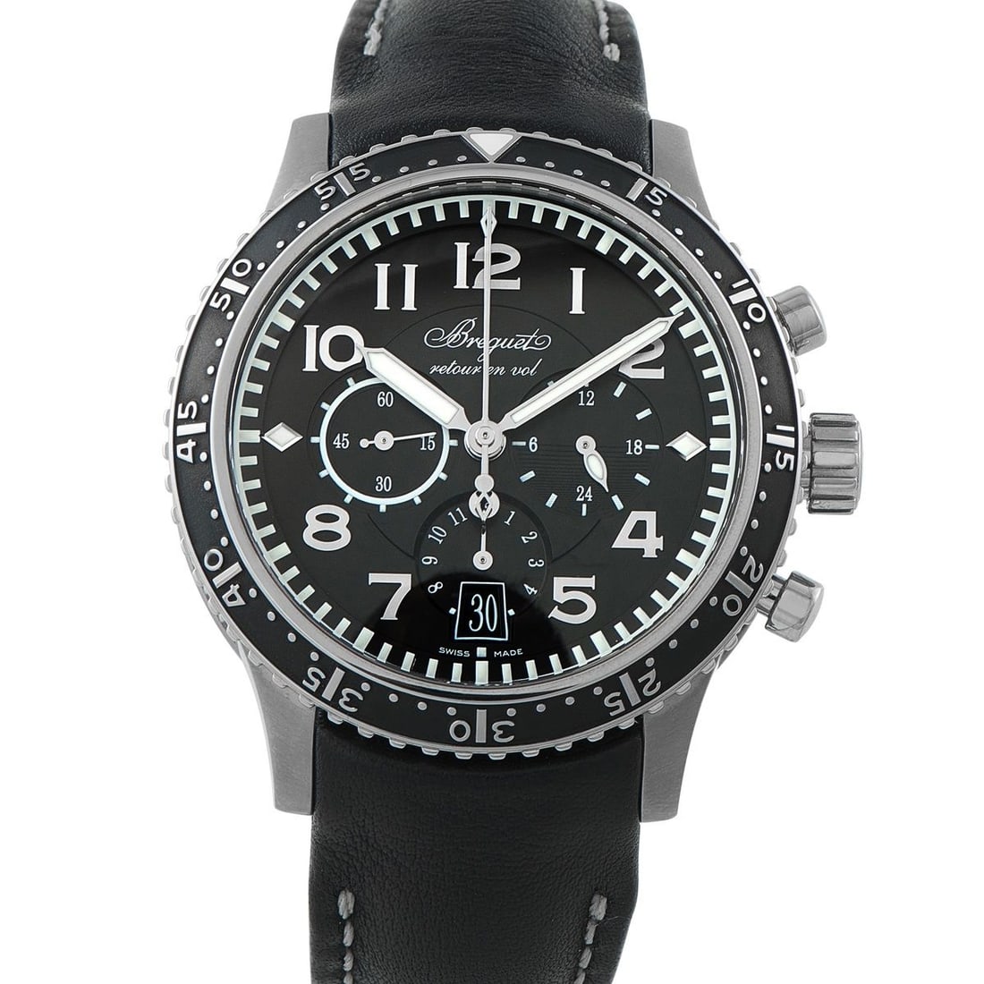 BREGUET TYPE XXI FLYBACK CHRONOGRAPH TITANIUM WATCH: Breguet brought together historic purpose and modern performance in this Type XXI Chronograph ref. 3810ti h2 3zu. The watch has a 42mm titanium case, a black dial with Arabic numerals and luminous han