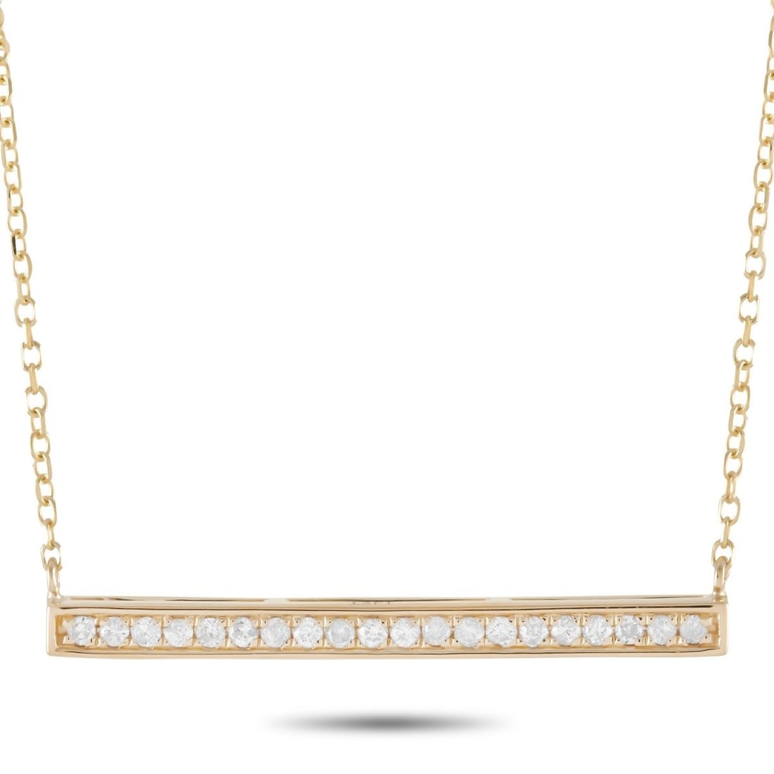 14K YELLOW GOLD 0.10CT DIAMOND PENDANT NECKLACE: This necklace is made of 14K yellow gold and embellished with diamonds that amount to 0.10 carats. The necklace weighs 1.8 grams and boasts a 15 chain and a pendant that measures 0.07 in length and 1 