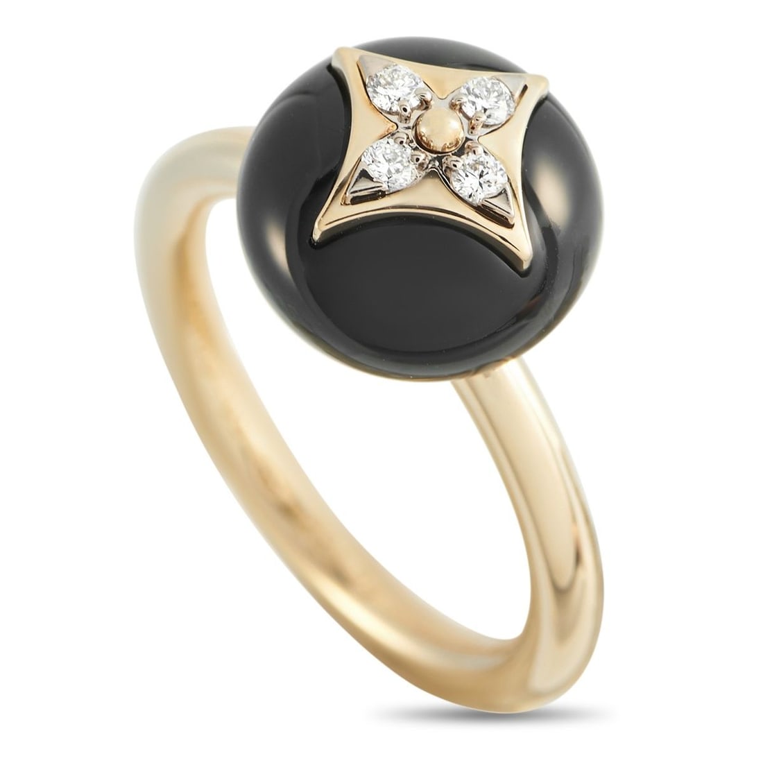 LOUIS VUITTON 18K YELLOW GOLD DIAMOND STAR BLOSSOM RING: This Louis Vuitton ring beautifully combines colors, textures, and luxury materials. The brands iconic Star Blossom motif makes a sparkling statement in Diamonds atop this pieces chic, minimalist sett