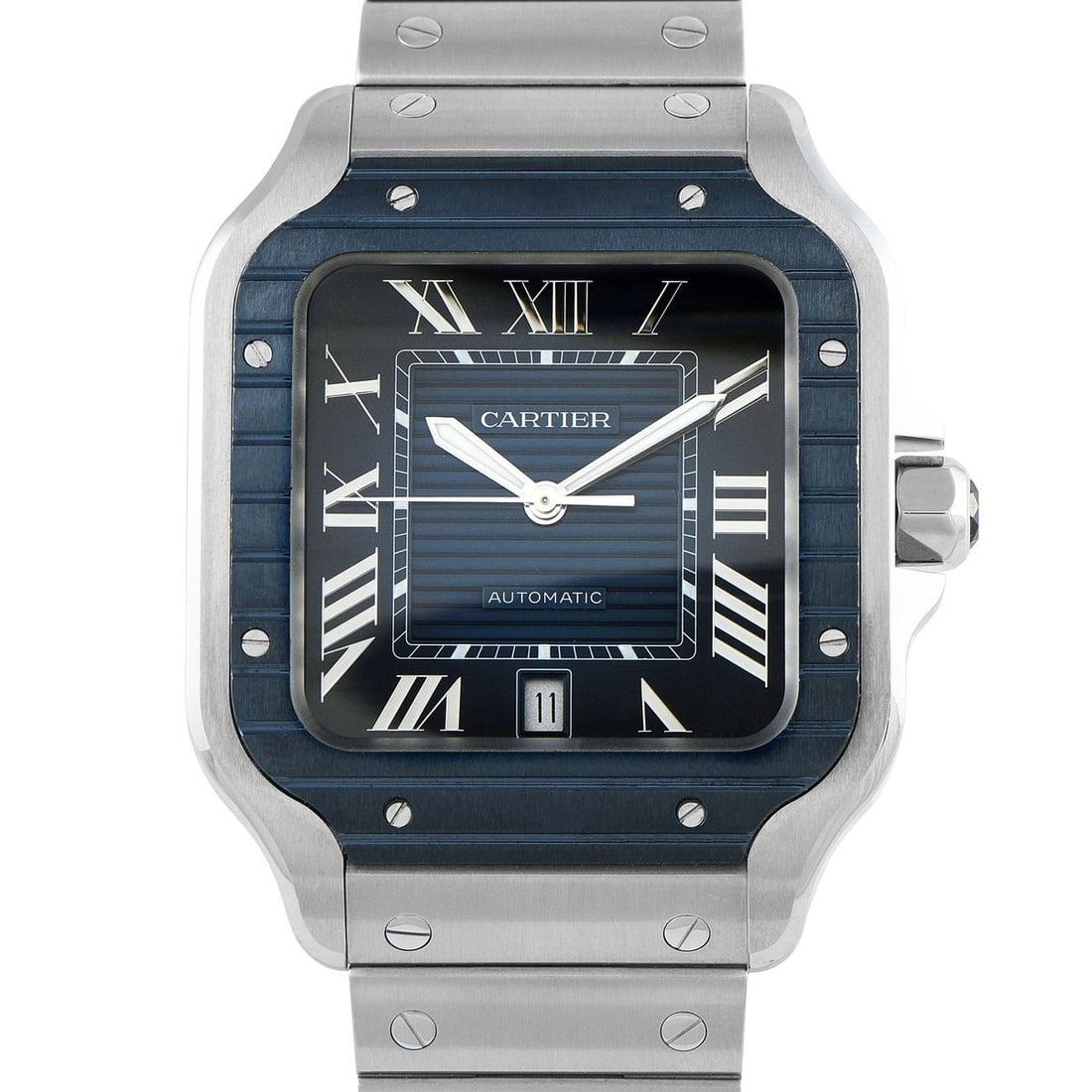 CARTIER SANTOS LARGE MODEL PVD STEEL WATCH: Santos de Cartier gets a bolder, masculine edge with the ref. WSSA0048. This large model showcases a deep blue striped dial center, framed by an inner railroad-style minute track, followed by Cartier'
