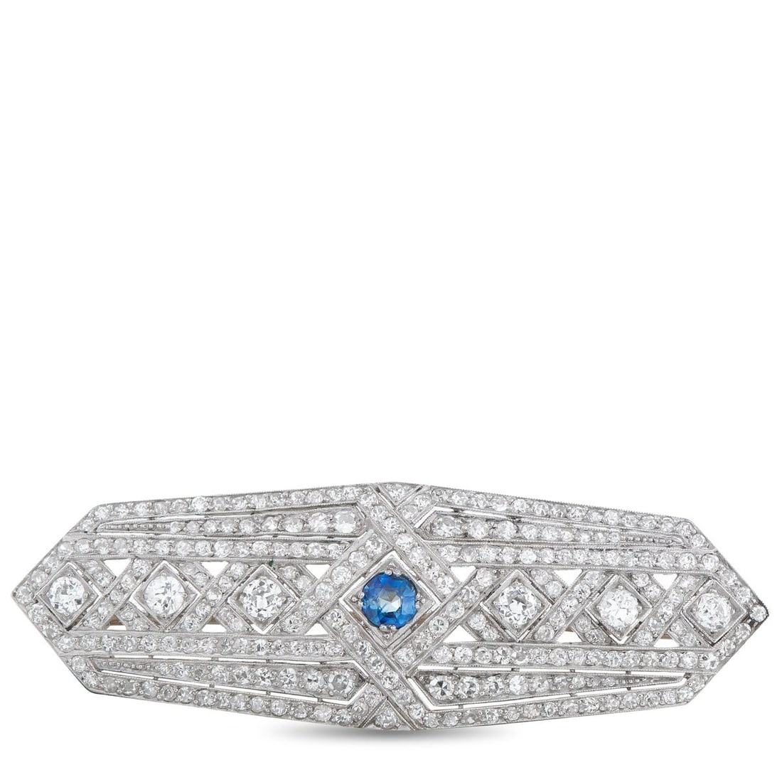 PLATINUM 4.0CT DIAMOND AND SAPPHIRE BROOCH: This brooch exudes Art Deco elegance. Set in Platinum, Diamonds with a total weight of 4.0 carats add a touch of luxury to the stunning symmetrical setting. A 0.45 carat Sapphire at the center serves 