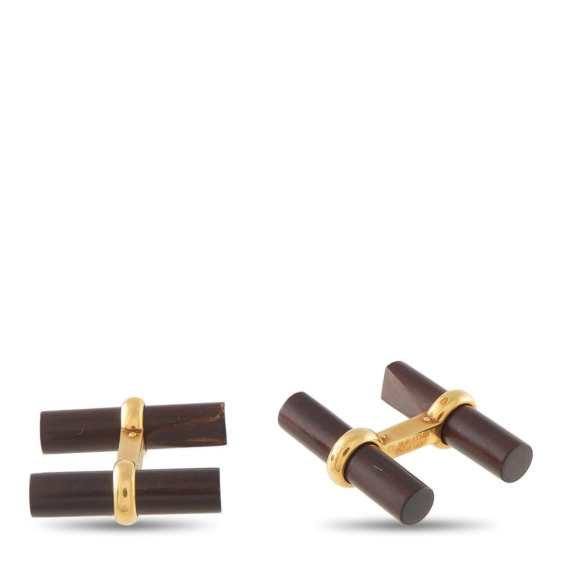 VAN CLEEF & ARPELS 18K YELLOW GOLD WOOD CUFFLINKS: These Van Cleef & Arpels cufflinks bring the beauty of nature to any suited ensemble. Carved wood bars are perfectly paired with lustrous 18K Yellow Gold settings. Each one measures 0.25 long by 0.82 