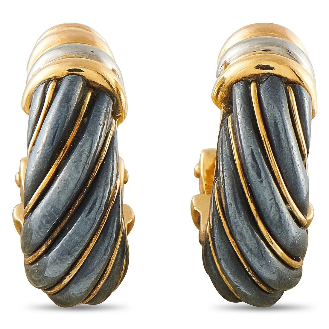 CARTIER TRINITY 18K YELLOW, ROSE, AND WHITE GOLD AND SILVER CLIP-ON EARRINGS: These substantial Cartier Trinity clip-on earrings combine 18-karat yellow gold with a richly textured silver body in a bold, sculptural hoop design. Weighing 17.9 grams, measuring approximately 0.88 