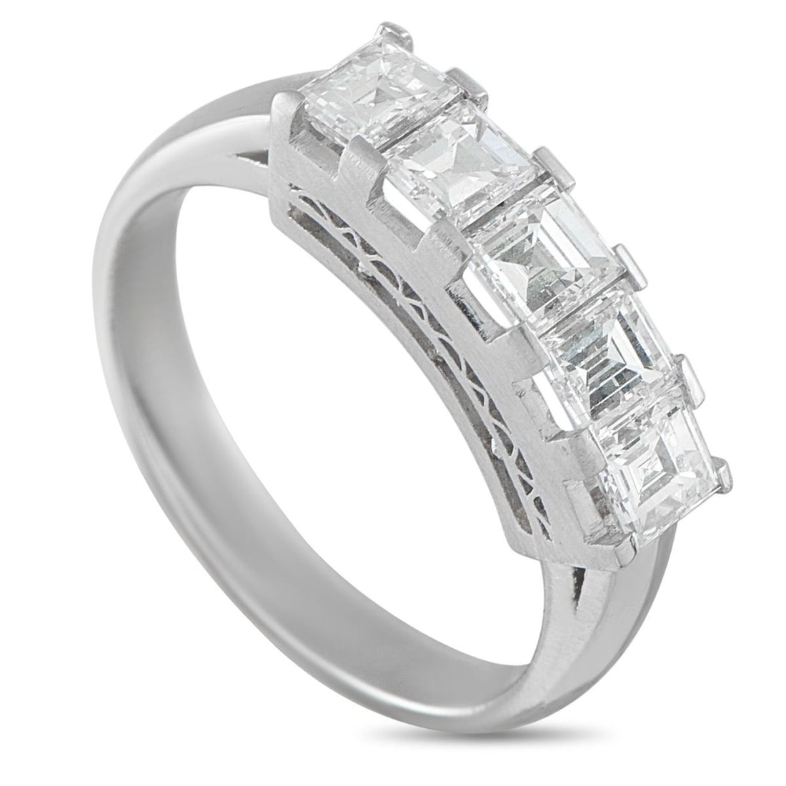 PLATINUM 1.20CT DIAMOND RING: A series of square-cut Diamonds with a total weight of 1.20 carats shine brightly from their place within this rings detailed Platinum setting. Simple yet eye-catching all at once, this elegant access