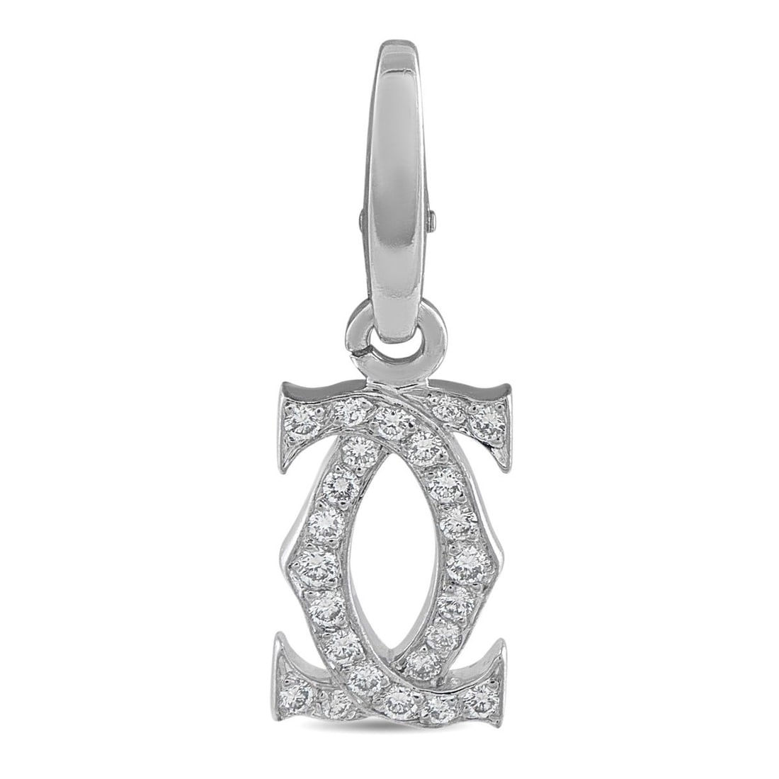 CARTIER DOUBLE C 18K WHITE GOLD DIAMOND CHARM: This Cartier Double C logo charm exudes upscale sophistication. Crafted from 18K White Gold, sparkling Diamonds make it instantly eye-catching. This iconic charm measures 1.0 long by 0.32 wide and is 