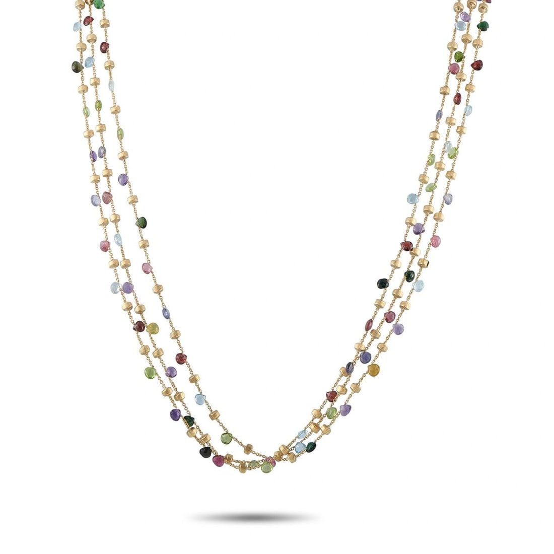 MARCO BICEGO 18K YELLOW GOLD MULTI-STRAND GEMSTONE NECKLACE: A flurry of multicolored gemstones make this Marco Bicego necklace a playful addition to any luxury jewelry collection. Crafted from 18K Yellow Gold, the multi-strand design adds extra drama to this e
